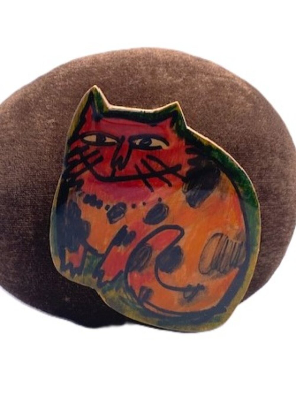 Cute, whimsical cat handmade broach pin drawing on wood, resin coated